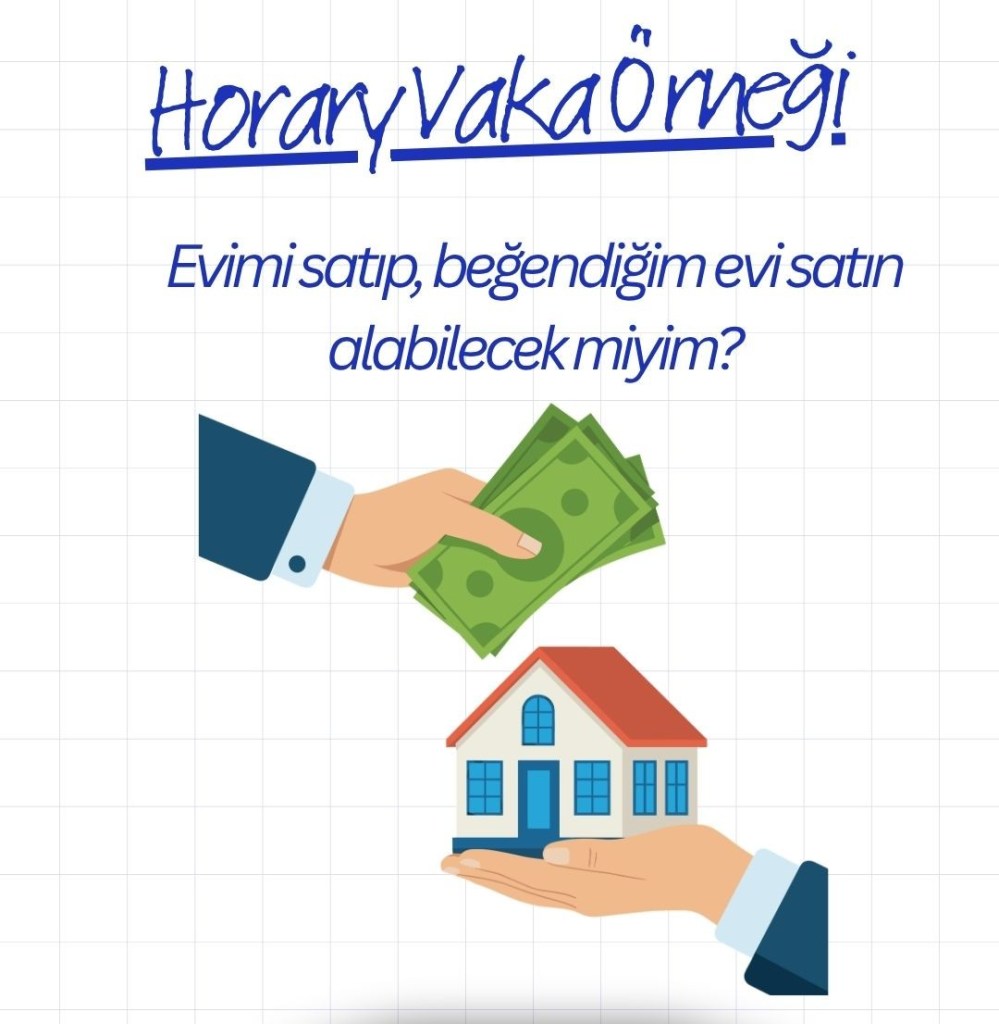 Ev alım satımını konu alan bir grafik, para ve ev figürleriyle birlikte, 'Evimi satıp, beğendiğim evi satın alabilecek miyim?' sorusunu içeriyor.