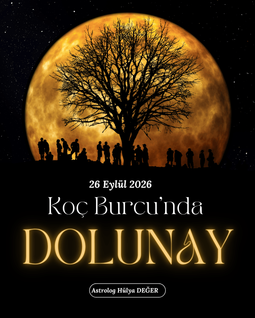 Dolunay, büyük bir ay ve silüetleriyle insanların bir arada durduğu bir sahne.